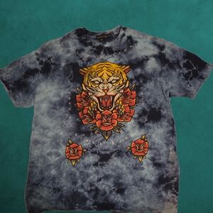 Affliction Rhinestone Black & Gray Tie-Dye Tiger and Rose Graphic Tee